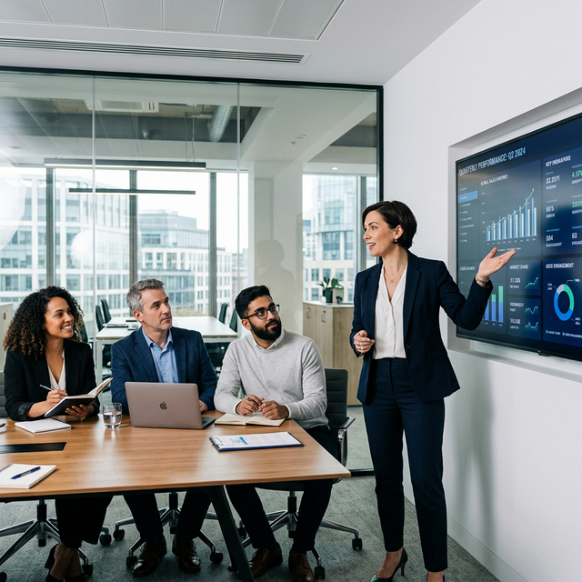 Reunión corporativa con presentador discutiendo automatización