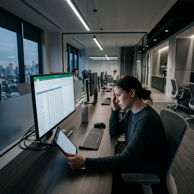 Persona frustrada realizando tareas digitales manuales en una oficina moderna